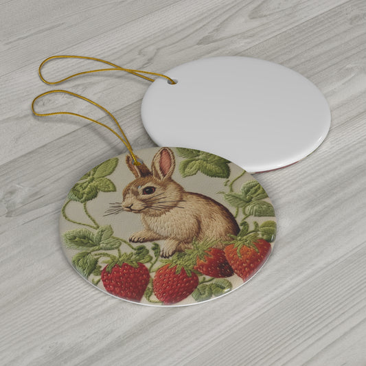 Strawberry Bunny Rabit - Embroidery Style - Strawberries Fruit Munchies - Easter Gift - Ceramic Ornament, 4 Shapes