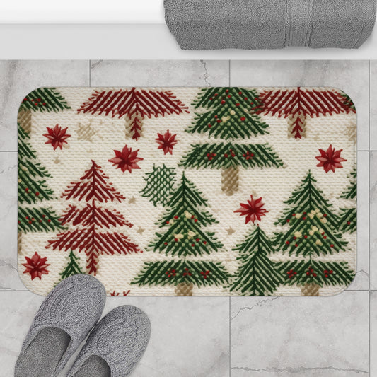 Embroidered Christmas Winter, Festive Holiday Stitching, Classic Seasonal Design - Bath Mat