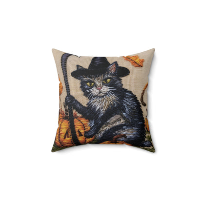 Halloween Cat Magic: Embroidered Style Feline with Pumpkins & Witch Hat - Spun Polyester Square Pillow