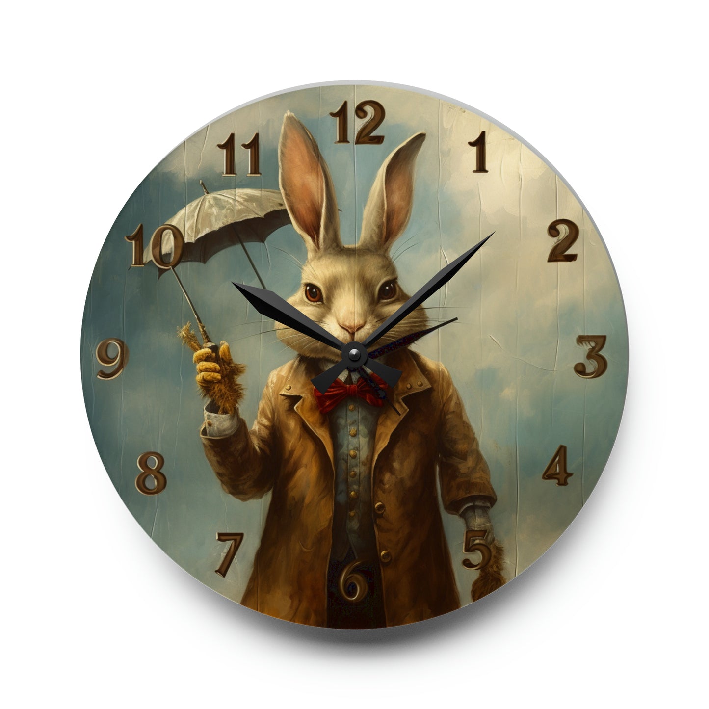 Old Rabbit Wearing Coat and Holding Umbrella Acrylic Wall Clock