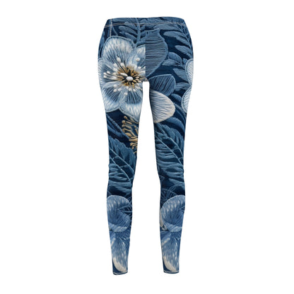 Flower Blossom Embroidery Floral on Denim Style - Women's Cut & Sew Casual Leggings (AOP)