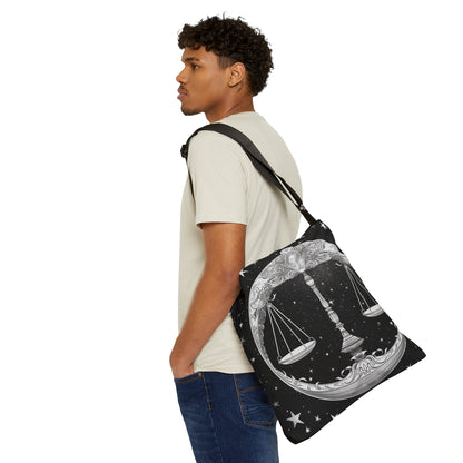 Bolso de mano Libra Zodiac, diseño de escamas en blanco y negro, 100% poliéster hilado, correa ajustable