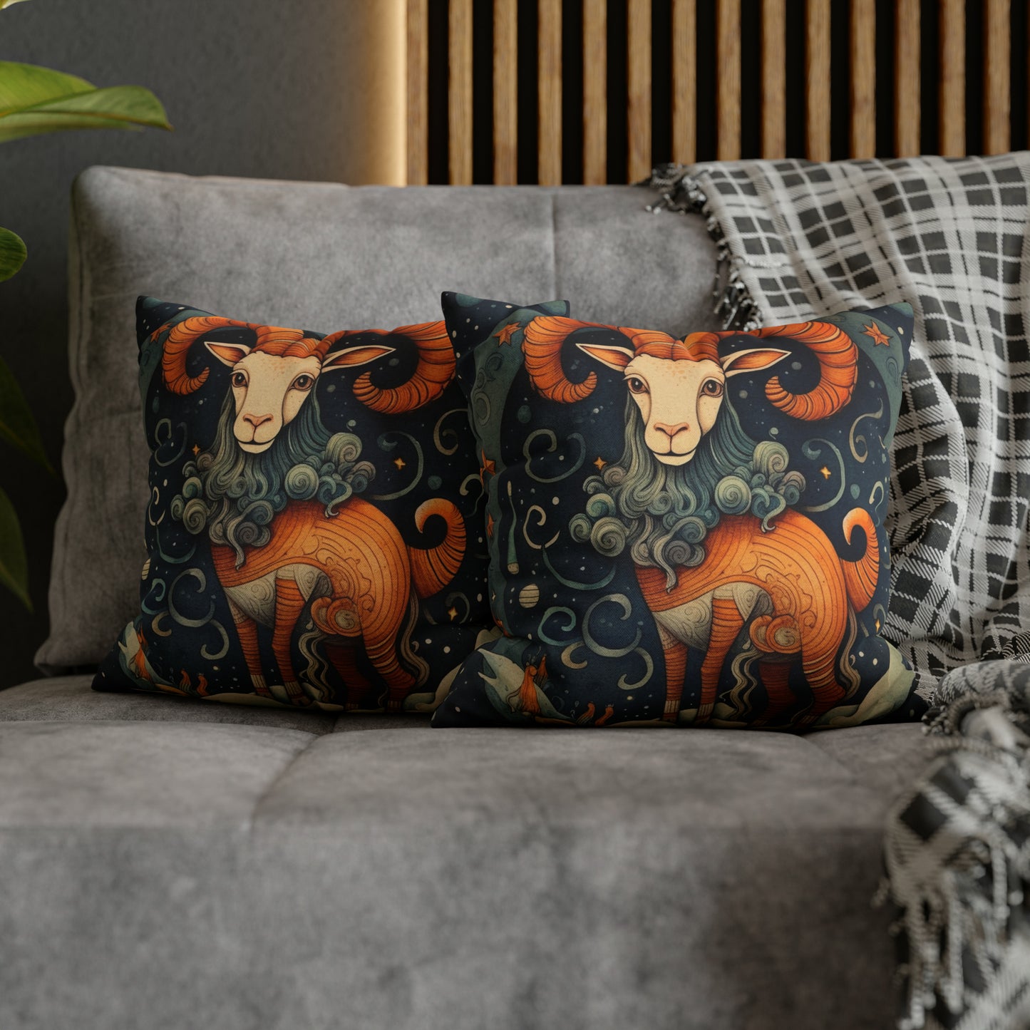 Diseño humorístico del estilo del libro infantil del zodiaco de Capricornio - Funda de almohada cuadrada de poliéster hilado 