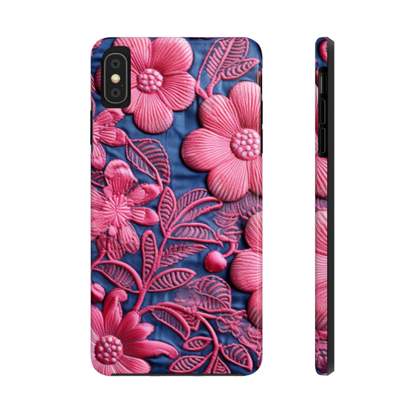 Denim Blue Doll Pink Floral Embroidery Style Fabric Flowers - Tough Phone Cases