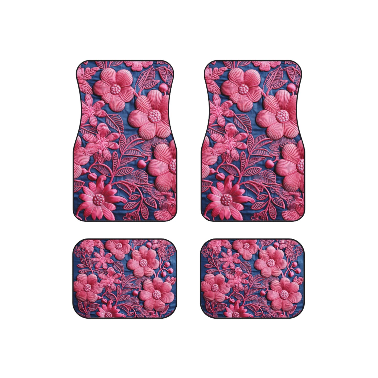 Denim Blue Doll Pink Floral Embroidery Style Fabric Flowers - Car Mats (Set of 4)