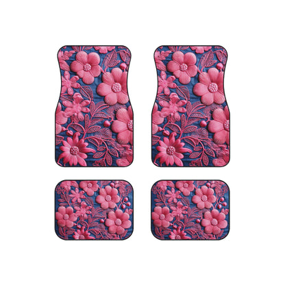 Denim Blue Doll Pink Floral Embroidery Style Fabric Flowers - Car Mats (Set of 4)