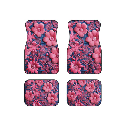 Denim Azul Muñeca Rosa Floral Bordado Estilo Tela Flores - Alfombrillas De Coche (Juego de 4) 