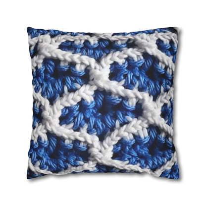 Blueberry Blue Crochet, White Accents, Classic Textured Pattern - Spun Polyester Square Pillow Case