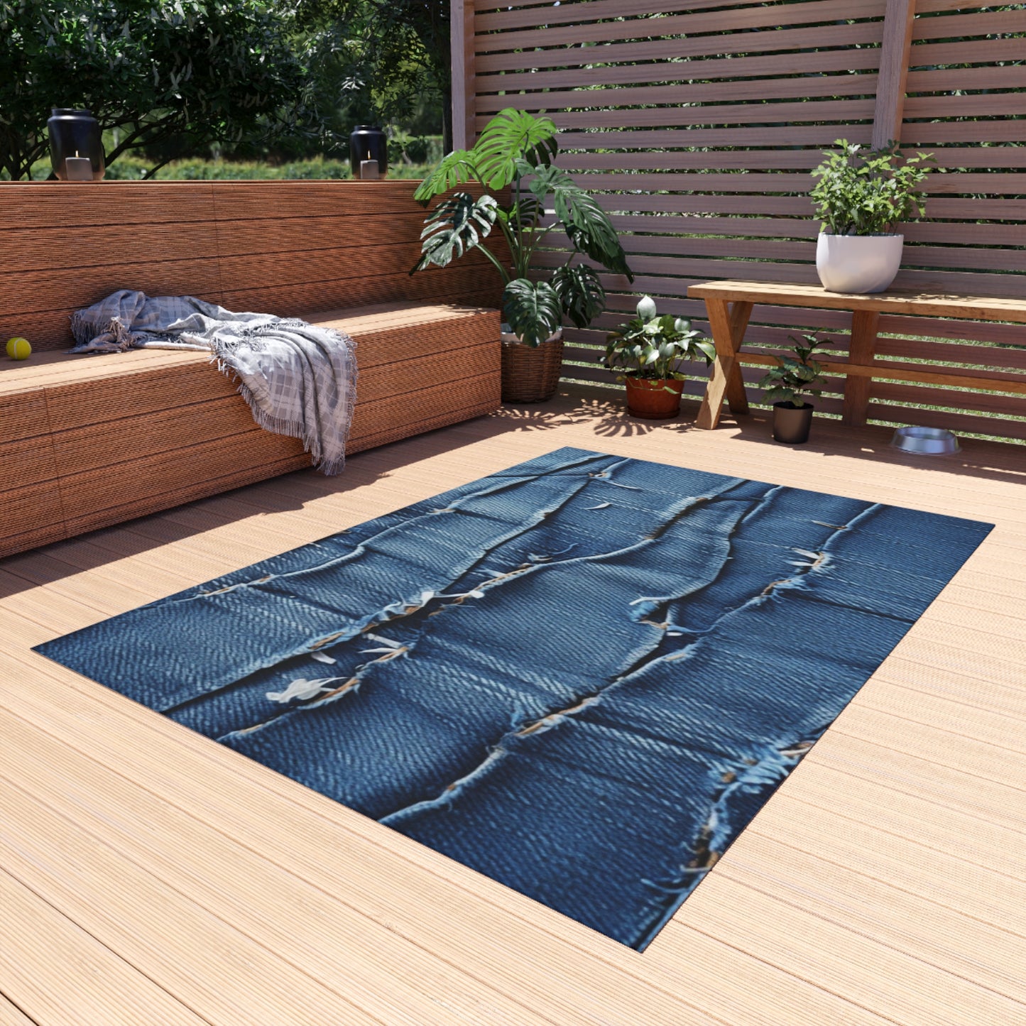 Midnight Blue Distressed Denim: Rugged, Torn & Stylish Design - Outdoor Rug