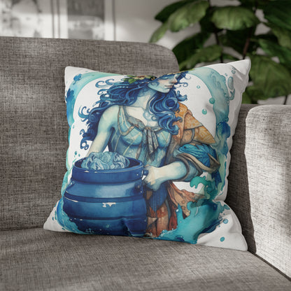 Artistic Aquarius Zodiac - Watercolor Water-Bearer Depiction - Spun Polyester Square Pillow Case