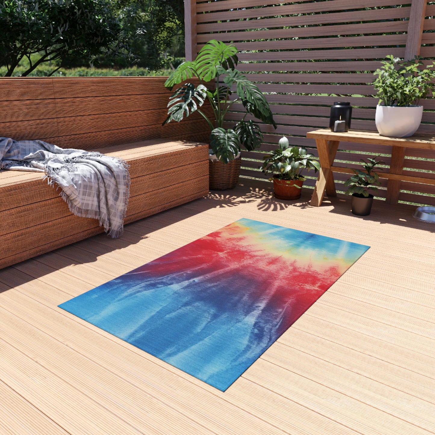 Rainbow Tie-Dye Denim: Vibrant Multi-Color, Fabric Design Spectacle - Outdoor Rug