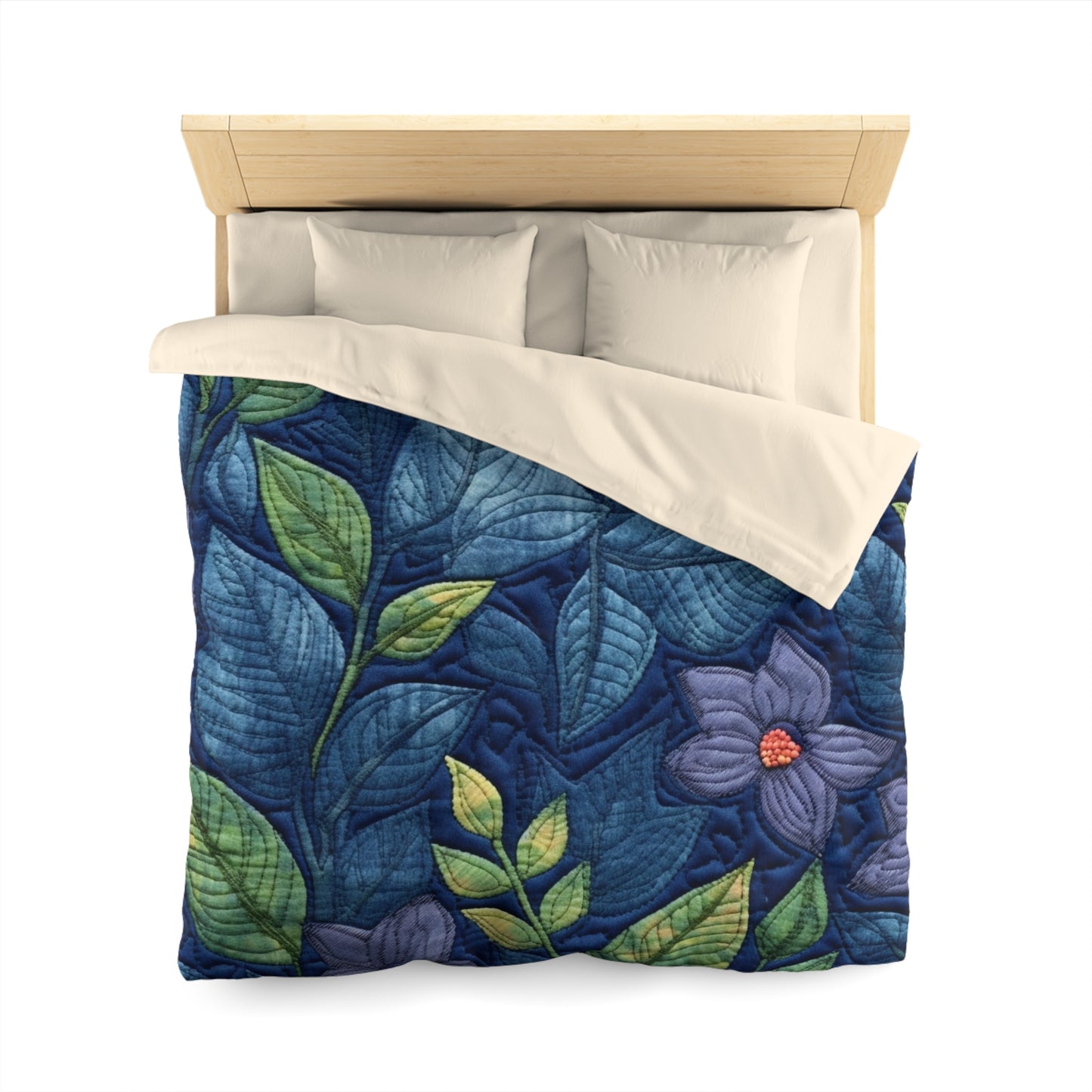 Floral Embroidery Blue: Denim-Inspired, Artisan-Crafted Flower Design - Microfiber Duvet Cover