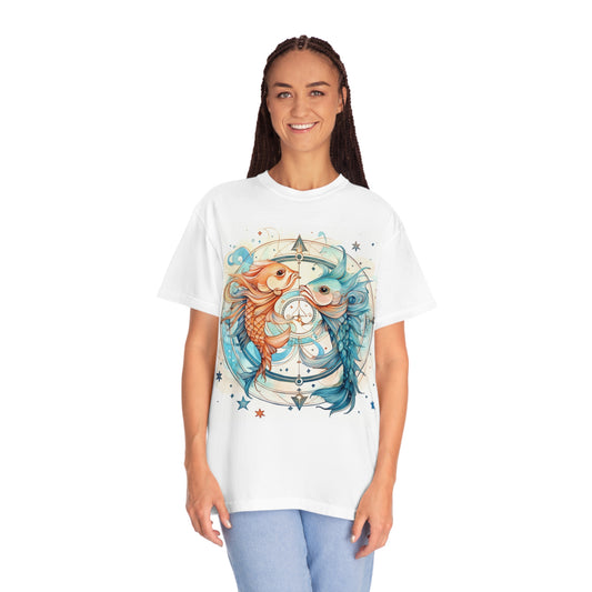 Pisces Zodiac Horoscope - Starry Watercolor & Ink, Fish - Unisex Garment-Dyed T-shirt
