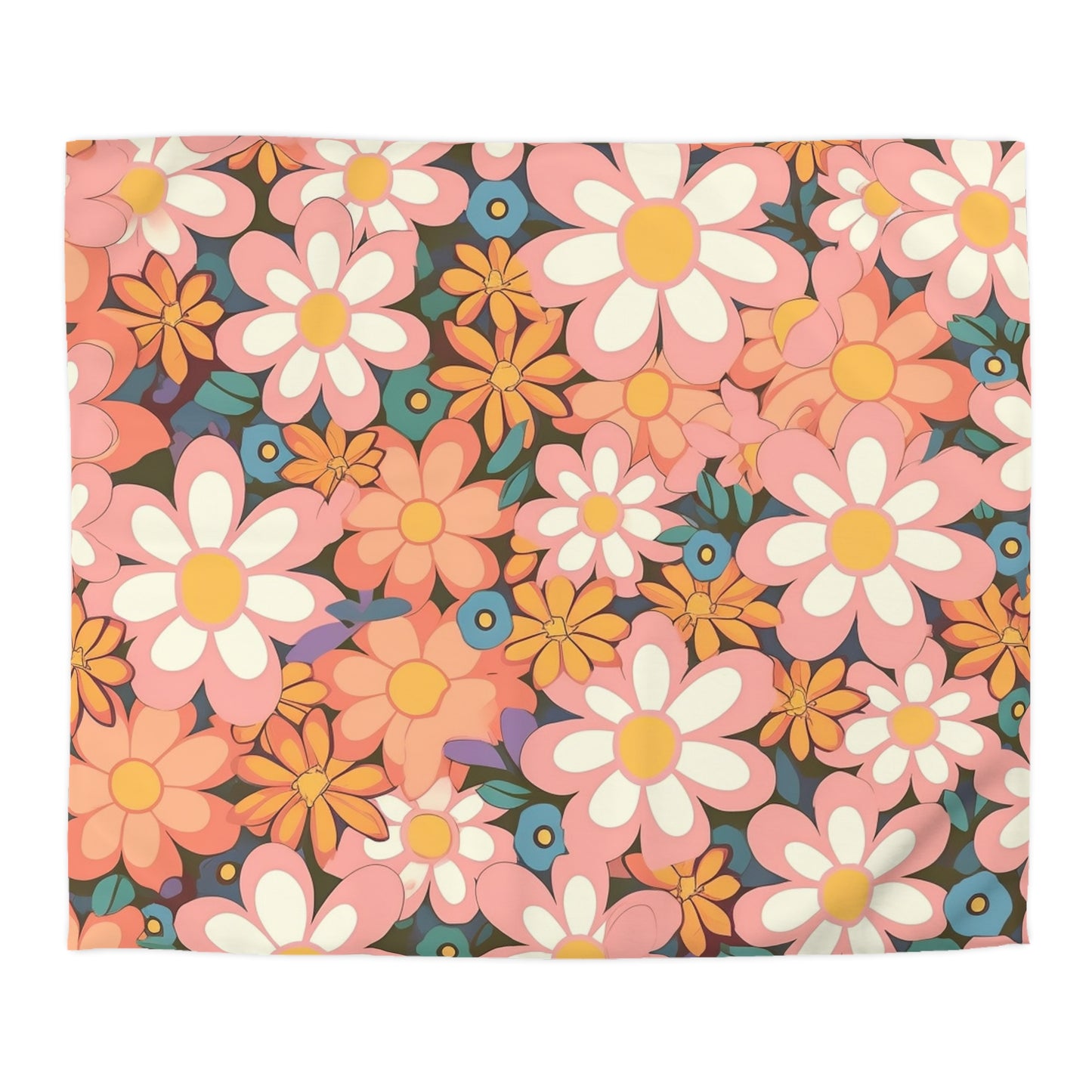 Groovy 1960s 1970s Pink &amp; Orange Daisy Mod Floral - Funda nórdica de microfibra