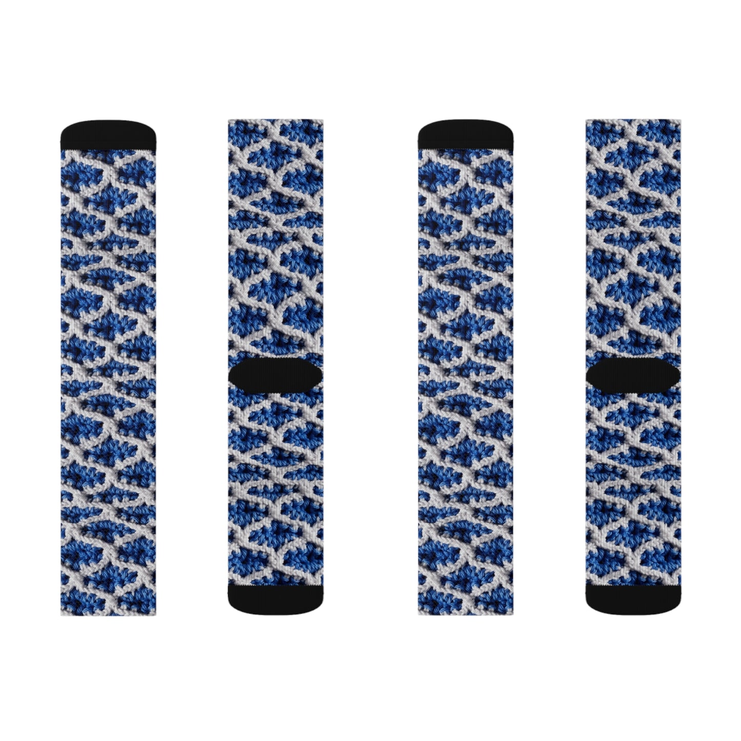 Blueberry Blue Crochet, White Accents, Classic Textured Pattern - Sublimation Socks