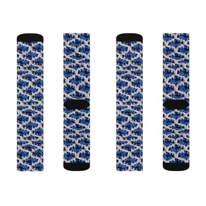 Blueberry Blue Crochet, White Accents, Classic Textured Pattern - Sublimation Socks