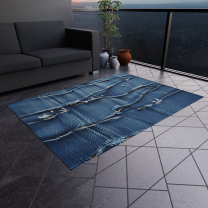 Midnight Blue Distressed Denim: Rugged, Torn & Stylish Design - Outdoor Rug