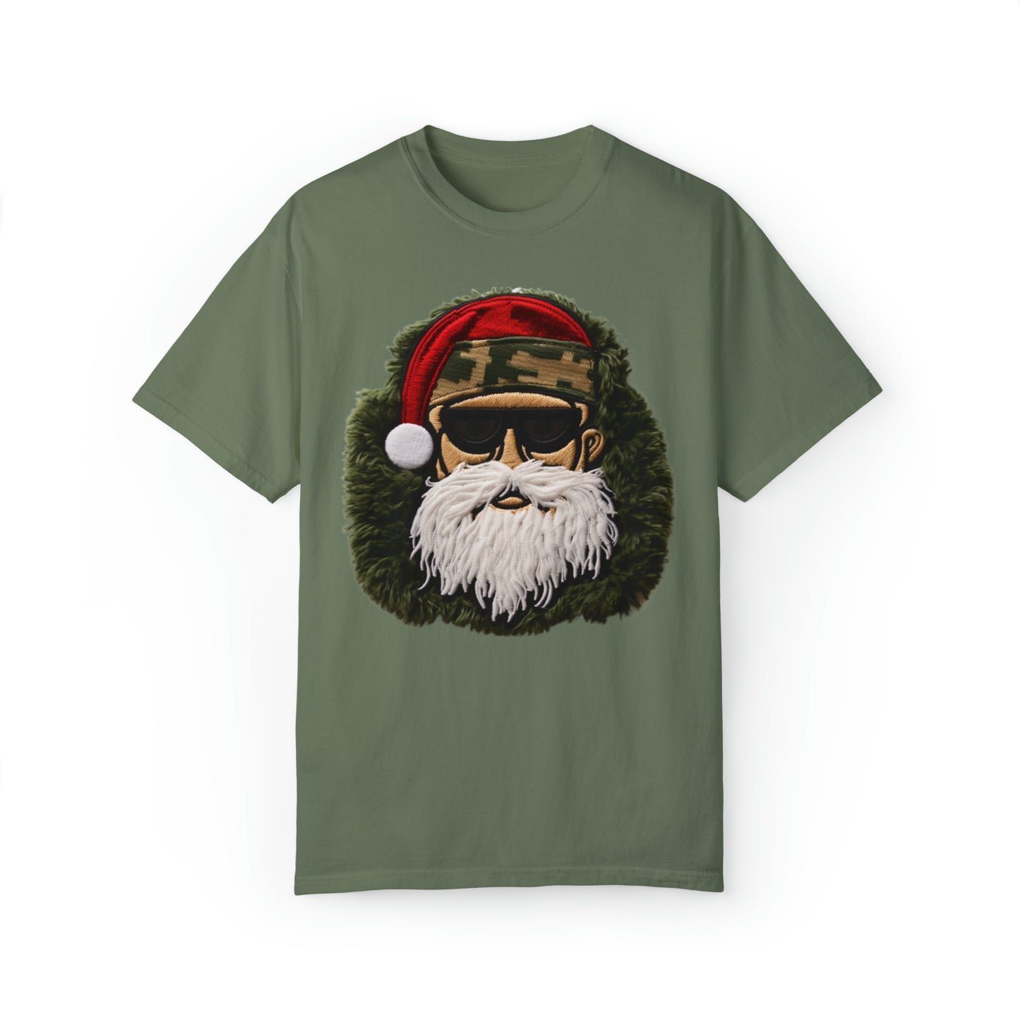 Camo Santa Chenille Patch - Military Christmas Decor - Marine Badge - Unisex Garment-Dyed T-shirt