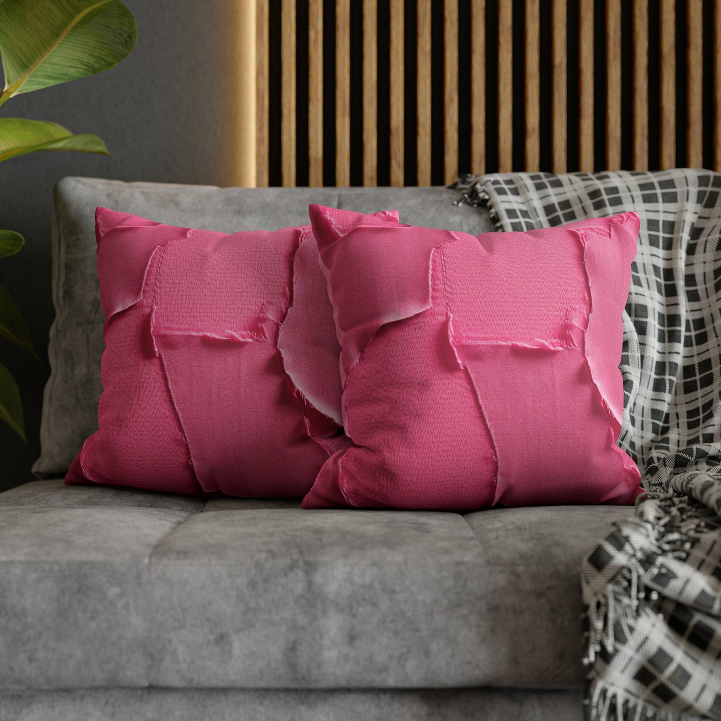 Distressed Neon Pink: Edgy, Ripped Denim-Inspired Doll Fabric - Spun Polyester Square Pillow Case