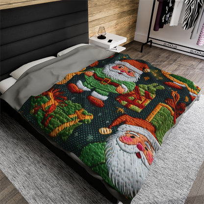 Christmas Santa Claus - Embroidered Presents - Festive Winter Wonderland - Deck the Halls Design - Velveteen Plush Blanket