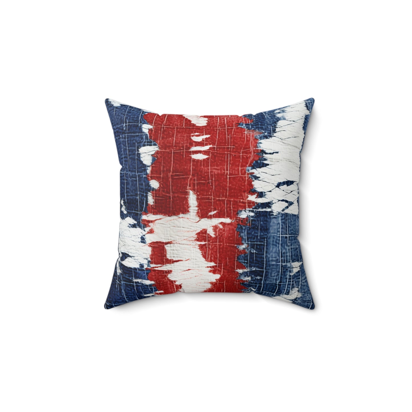 Rojo patriótico, blanco y azul: estilo denim desgastado, tela rasgada - almohada cuadrada de poliéster hilado