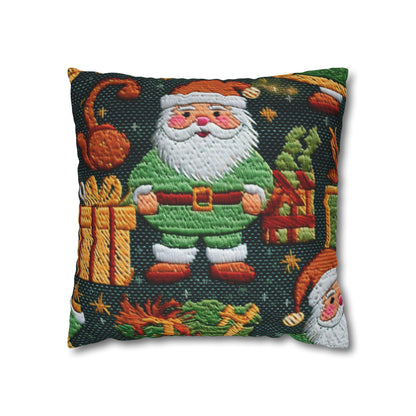 Papá Noel navideño - Regalos bordados - País de las maravillas invernal festivo - Diseño Deck the Halls - Funda de almohada cuadrada de poliéster hilado 