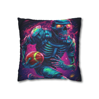 Spooky Football Game: Fantasy Skeleton Athlete Running with Ball, Sporty Halloween - Spun Polyester Square Pillow Case