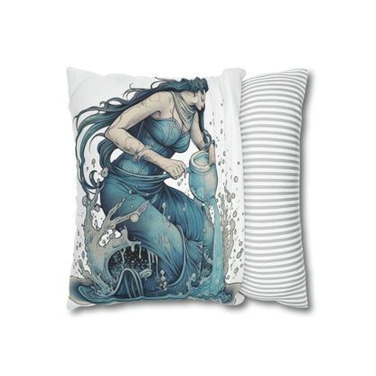 Aquarius Zodiac Symbol - Girl Pouring Water, Hand-Drawn Style - Spun Polyester Square Pillow Case