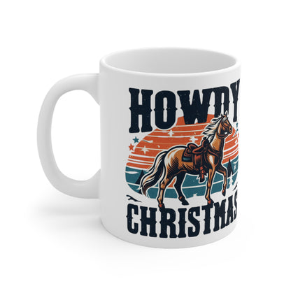 Retro Western Christmas - Howdy Christmas with Patriotic Horse and Star Banner - Ceramic Mug 11oz