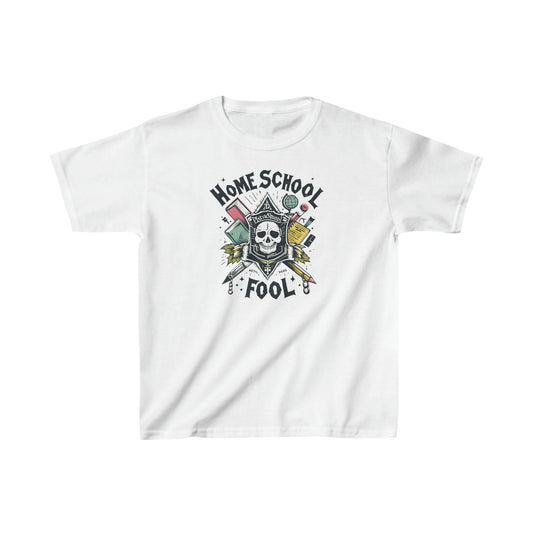 Home School Fool - Academic Skull Crest with Books and Globe, Educational Emblem, Scholarly Gothic - Kids Heavy Cotton™ Tee