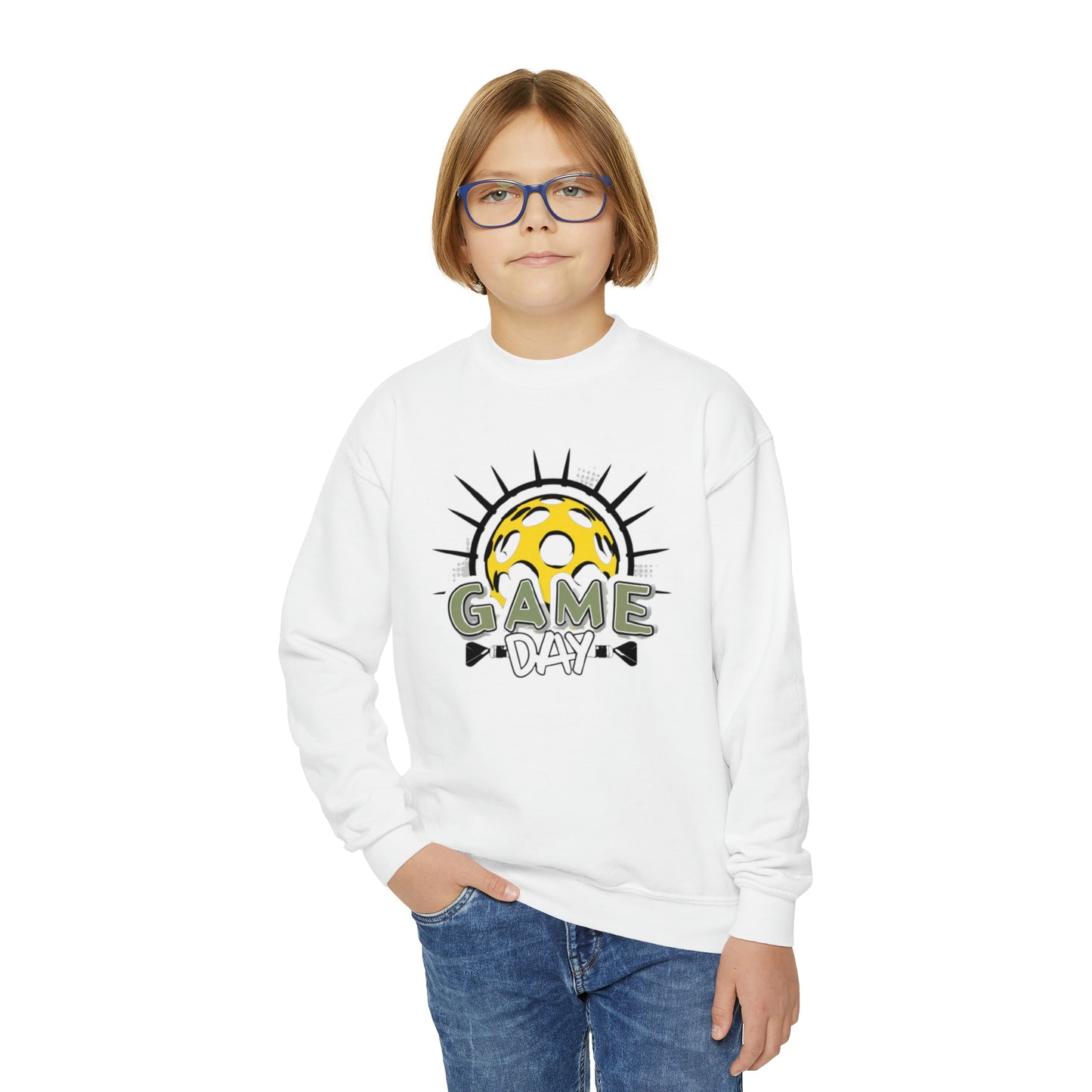 Emblema radiante de Pickleball con rayos solares dinámicos y letras del día del juego - Sudadera con cuello redondo para jóvenes