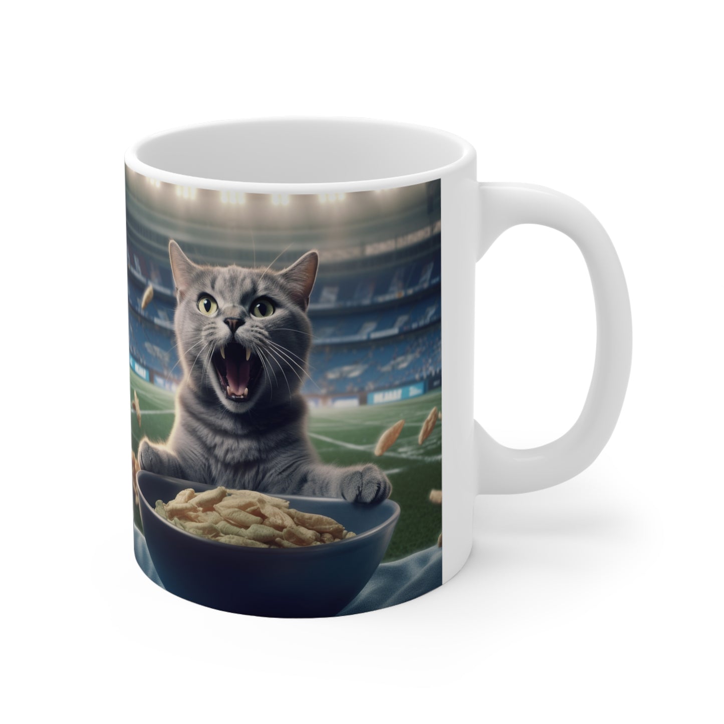 Halftime Football Feline: Screaming Sports Fan Cat Stadium Food Kitten - Ceramic Mug 11oz