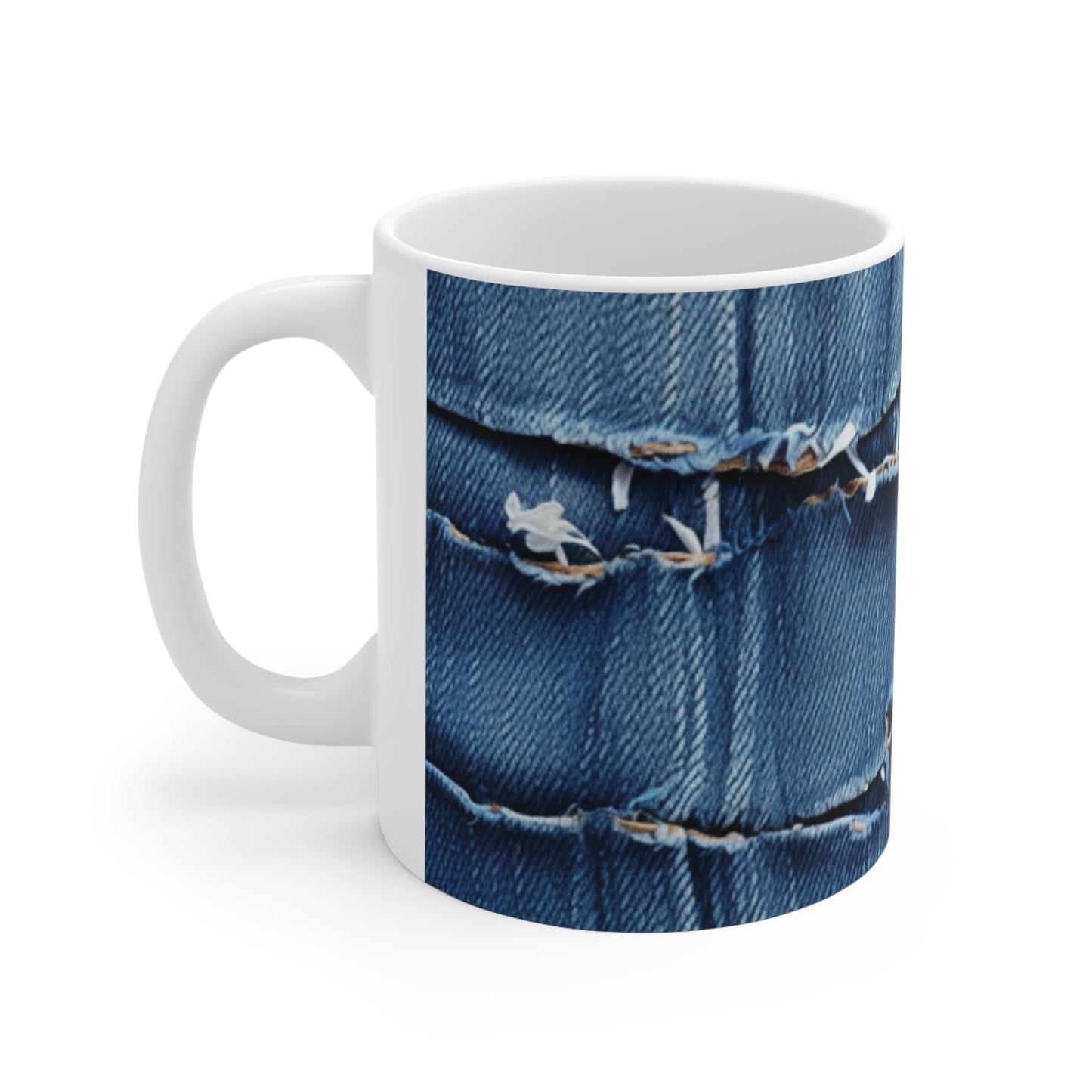 Denim desgastado azul medianoche: diseño resistente, rasgado y elegante - Taza de cerámica de 11 oz 