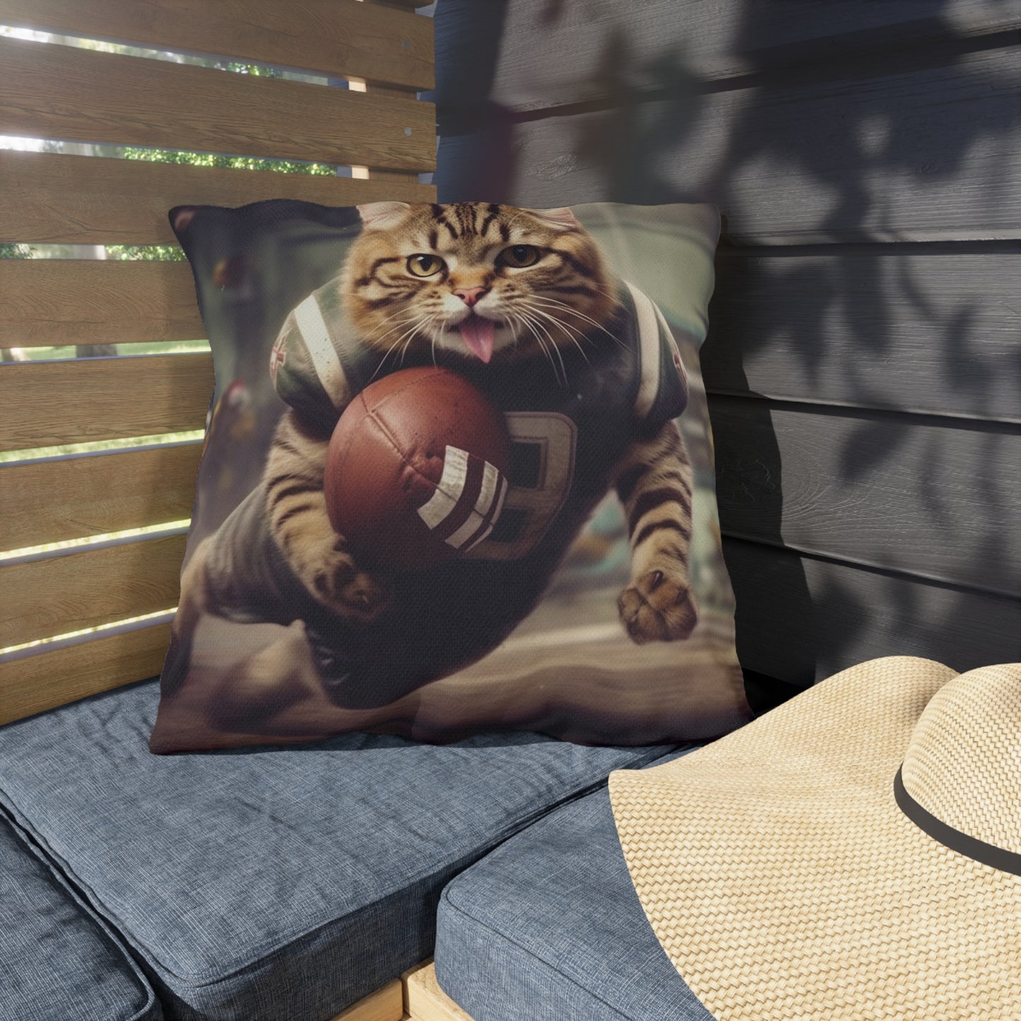 Football Field Felines: Kitty Cats in Sport Tackling Scoring Game Position - Outdoor Pillows