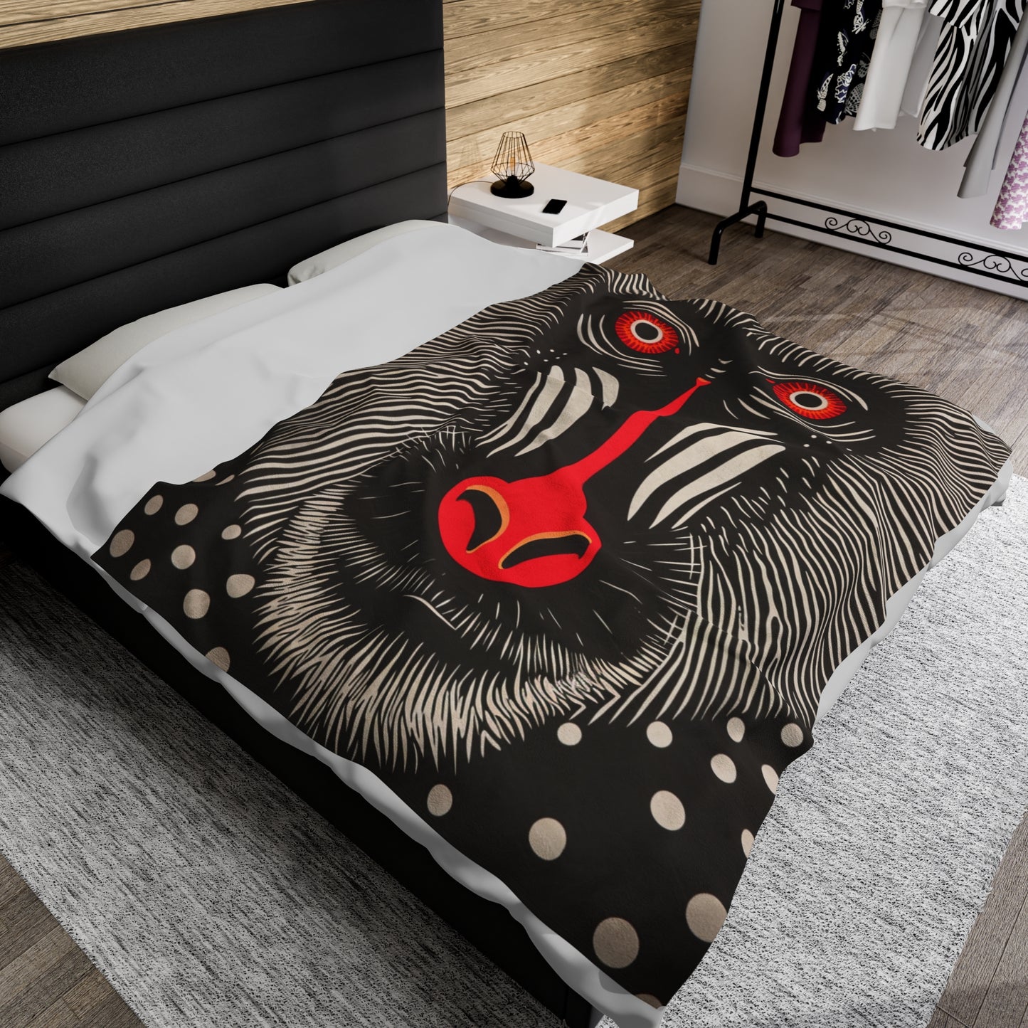 Red and Black Mandrill Monkey - Abstract Primate Face with Psychedelic Patterns - Velveteen Plush Blanket