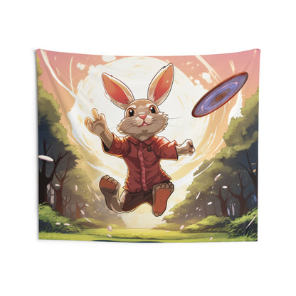 Disc Golf Rabbit: Bunny Aiming Frisbee for Basket Chain - Indoor Wall Tapestries