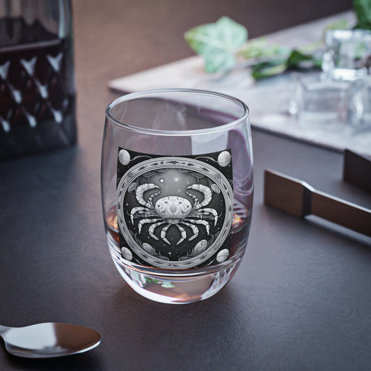 Cancer Zodiac - Whiskey Glass - High-Quality Clear Glass - Black & White Celestial Design