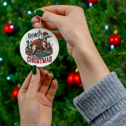 Old West Holiday Cheer - Cowboy Christmas with Festive Wreath and Star-Spangled Horse - Ceramic Ornament, 4 Shapes