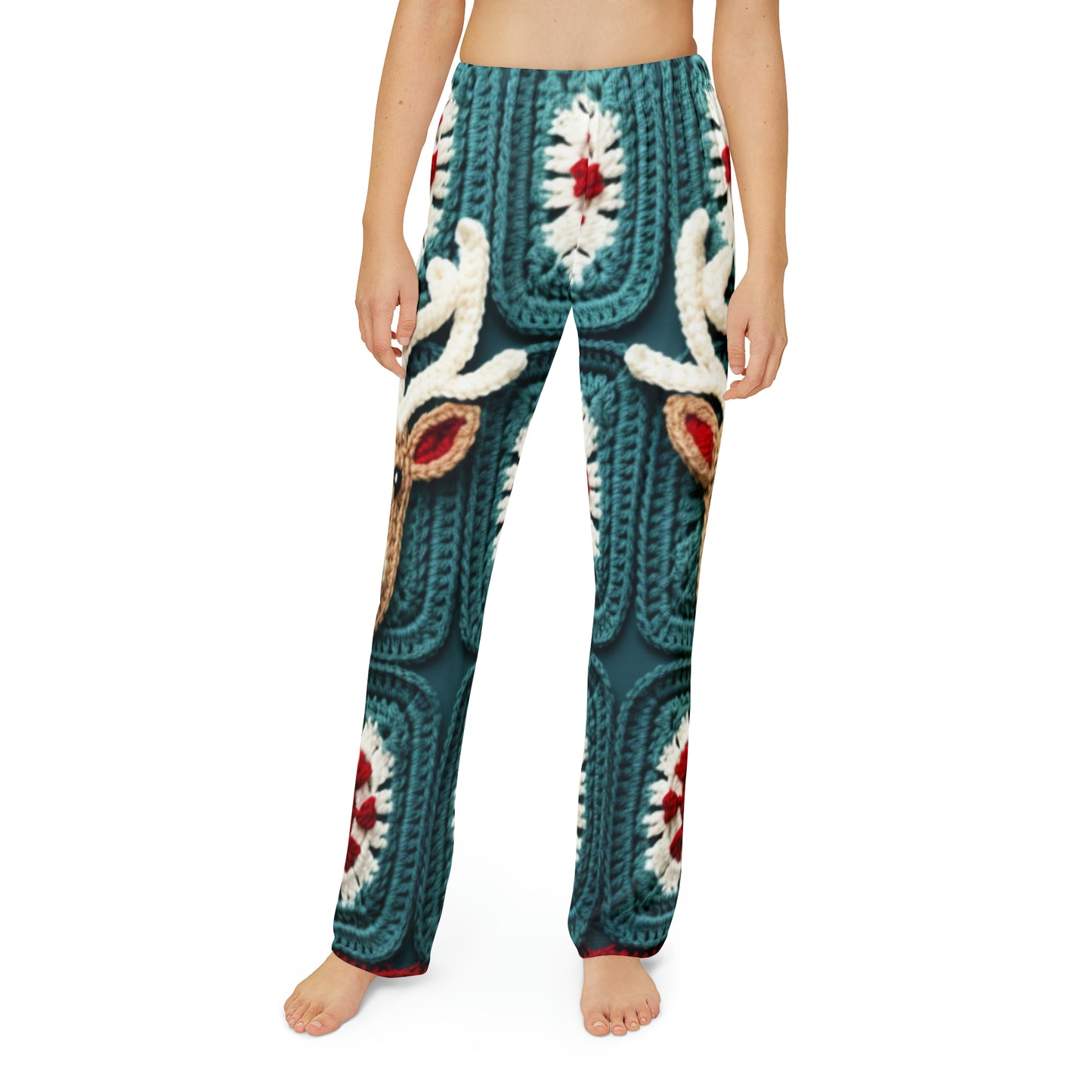 Christmas Reindeer Crochet, Wintry Wonderland Design, Festive Stag Motif. Embrace the Holiday Spirit - Kids Pajama Pants (AOP)