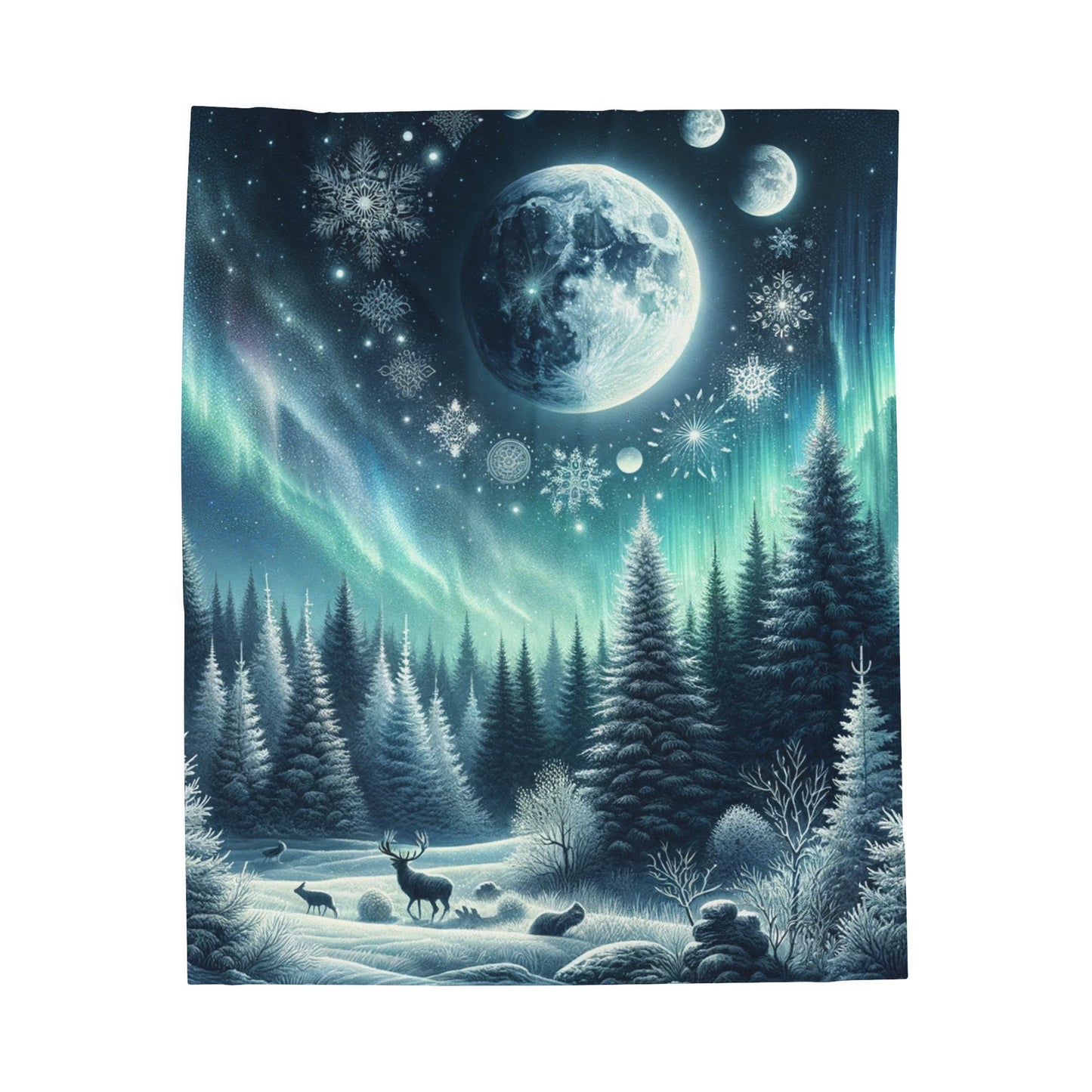 Enchanted Solstice Night: Mystical Winter Scene with Northern Lights and Wildlife - Velveteen Plush Blanket