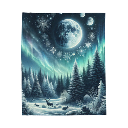 Enchanted Solstice Night: Mystical Winter Scene with Northern Lights and Wildlife - Velveteen Plush Blanket