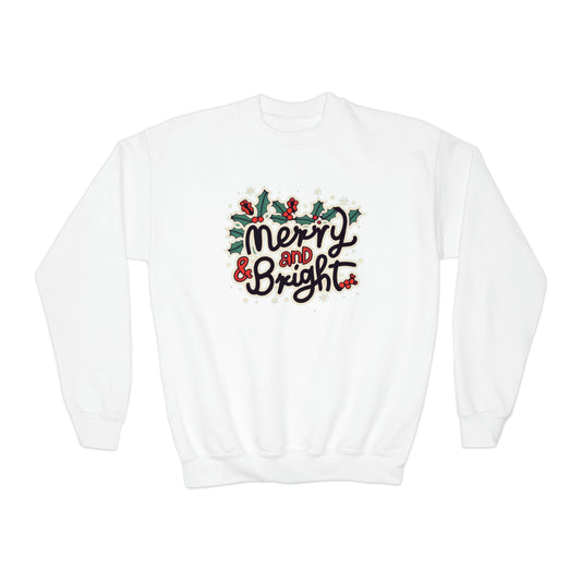 Merry and Bright Christmas Theme Holiday - Sudadera con cuello redondo para jóvenes 