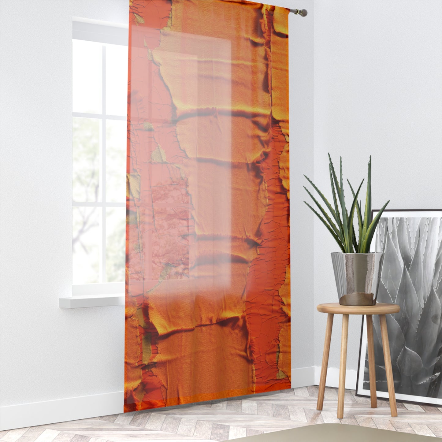 Fiery Citrus Orange: Edgy Distressed, Denim-Inspired Fabric - Window Curtain