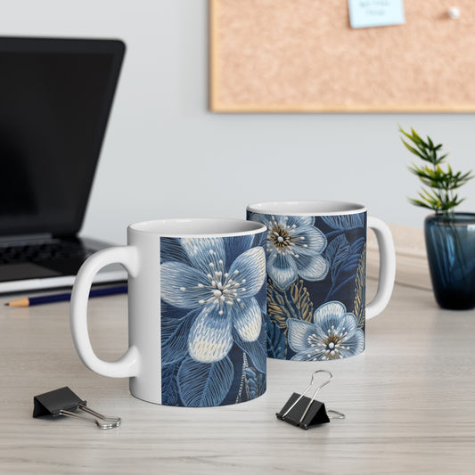 Flower Blossom Embroidery Floral on Denim Style - Ceramic Mug 11oz