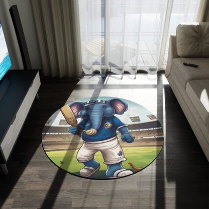 India Elephant Cricket Sport Star: Pitch, Run, Stump Game - Animated Charm - Round Rug