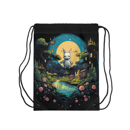 White Rabbit Mystery Psychedelic Fantasy Anime Cartoon Bunny - Drawstring Bag