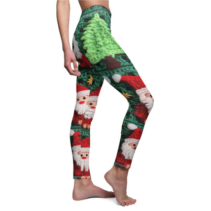 Patrón de ganchillo de Papá Noel, diseño navideño, decoración festiva, motivo de Papá Noel. Perfecto para la celebración navideña: leggings informales cortados y cosidos para mujer (AOP) 