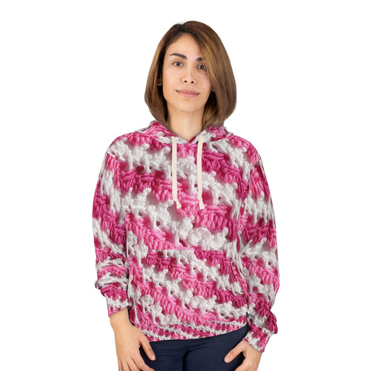 Hot Pink & White Knit, Vibrant Yarn Blend, Modern Chic Texture - Unisex Pullover Hoodie (AOP)