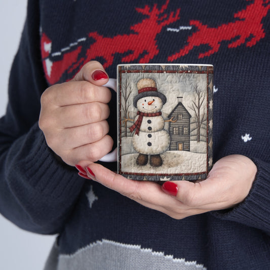 Christmas Cottagecore Snowman & Snowy House - Nostalgic Decor - Grandmillennial Festive Charm - Ceramic Mug 11oz