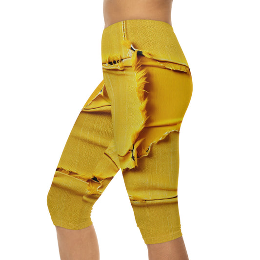 Banana Yellow Lemon: Bold Distressed, Denim-Inspired Fabric - Women’s Capri Leggings (AOP)